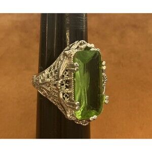 Art Deco STYLE Peridot Large Green Glass Sterling Silver Filigree Ring Size 7.5